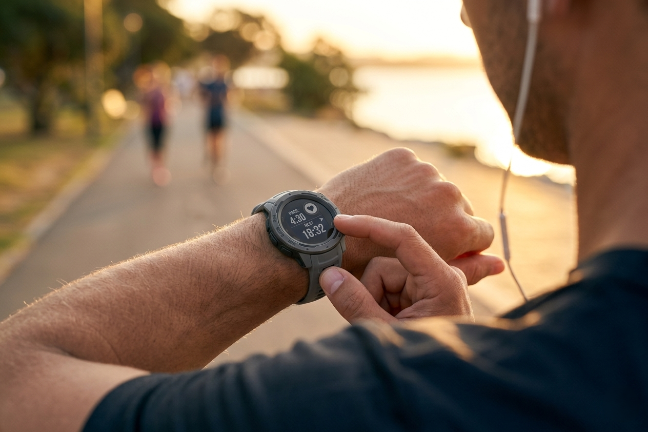 Ragazzo che usa sportwatch economici per correre