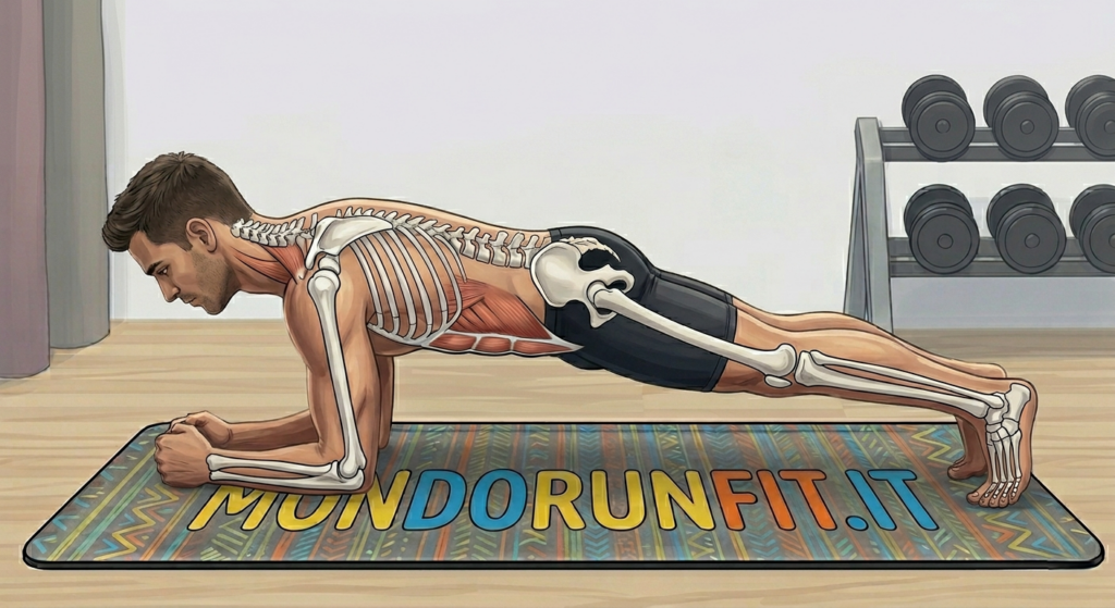 Esercizio di plank per il fitness per runner sul tappetino MondoRunFit
